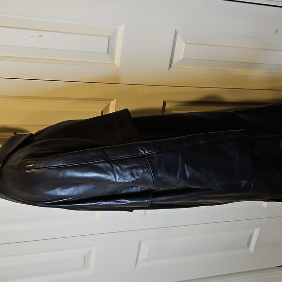 Vintage Reed Elegant Black Leather Coat Trench S Long Buttons - Picture 10 of 12